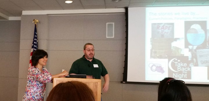 Erica Boas, left, and Jason Laker present on their research about consent. 