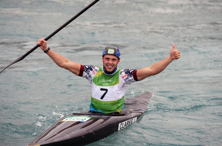 Great Britain's Joe Clarke celebrates gold in the Kayak (K1) Men's final on the fifth day of the Rio Olympics Games.