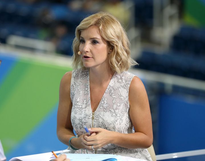 Helen Skelton presents the BBC's swimming coverage from the at the Olympic Aquatics Stadium on the fourth day of the Rio Olympic Games.