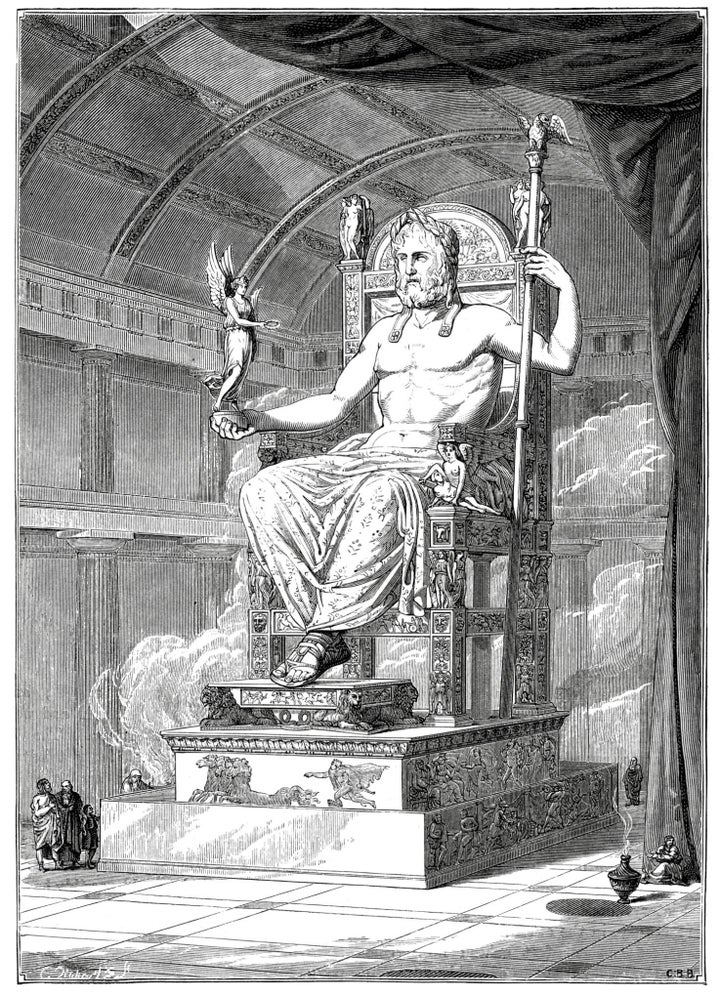 Vintage engraving from 1879 of the Statue of Zeus at Olympia