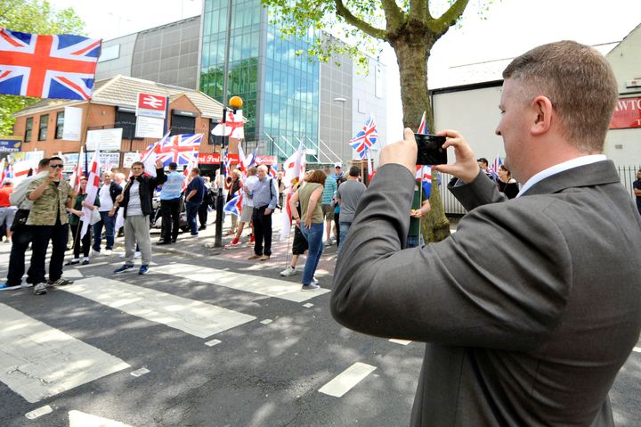 Paul Golding joins British First group protest march at Bury Park on June 27, 2015 in Luton.