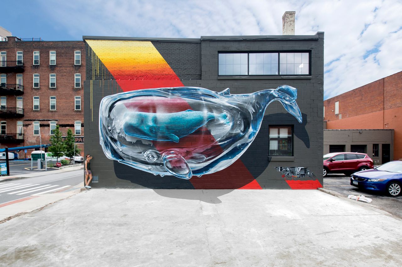 "Detecting machine n.1" mural painting for "Wall Therapy"in Rochester, New York, co-curated by Urban Nation Berlin, 2015.