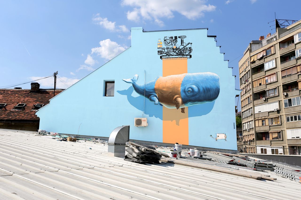 "Imitation of Life no9" (or "Evolutive Machine no1") mural painting realized in the context of Mikser Festival in Belgrade, Serbia, in June 2014. "The project represents for us an idea of evolution, of transformation, of life and change under an alternative perspective, which we associate with the city of Belgrade and in particular with the area where we have made the painting."