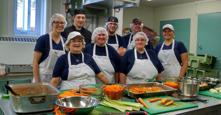 Staff and volunteers in the kitchen of The Raw Carrot Soup Enterprise, Paris, Ontario, Canada.
