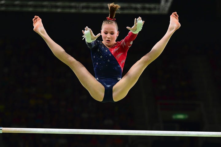 Madison Kocian competes on the uneven bars on Aug. 7.