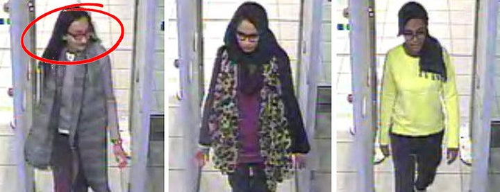 Sultana (left) pictured alongside Shamima Begum (centre) and Amira Abase (right) as they went through security at Gatwick Airport when they fled