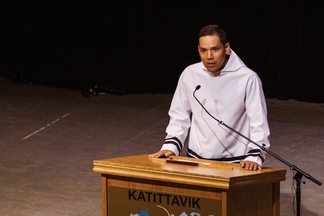 Natan Obed, president of the Inuit Tapiriit Kanatami (ITK), speaks in Kuujjuaq on July 27, 2016, during the launch of the ITK;s Suicide Prevention Strategy.