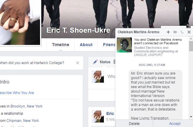 One of the strangers to attack Eric and David via Facebook for their love. 