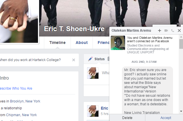 One of the strangers to attack Eric and David via Facebook for their love.