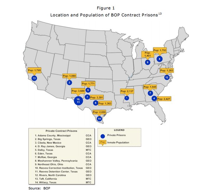 This graphic shows the location of privately run prisons that contract with the federal government.