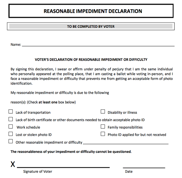 Affidavit that Texas voters who lack the required voter ID may present in order to cast a