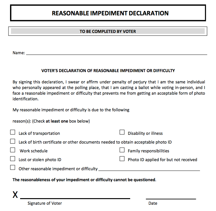 Affidavit that Texas voters who lack the required voter ID may present in order to cast a ballot.