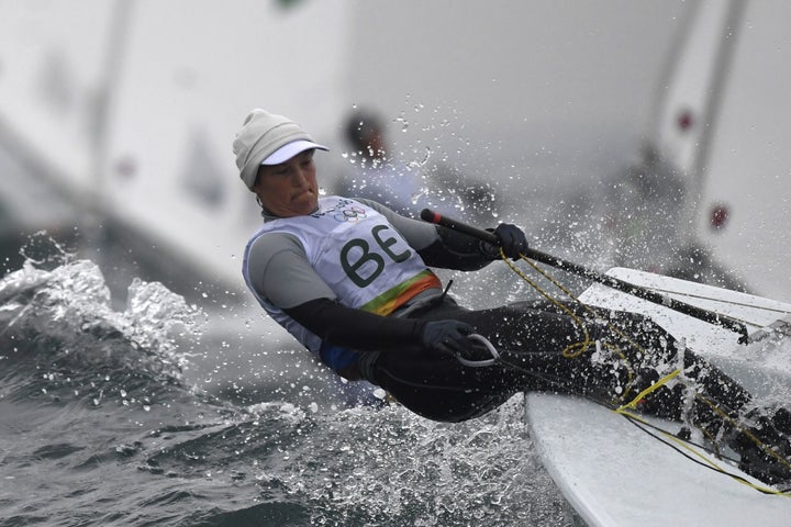 Belgium's Evi van Acker competes in the Laser Radial Women sailing class on Marina da Gloria in Rio de Janerio during the Rio