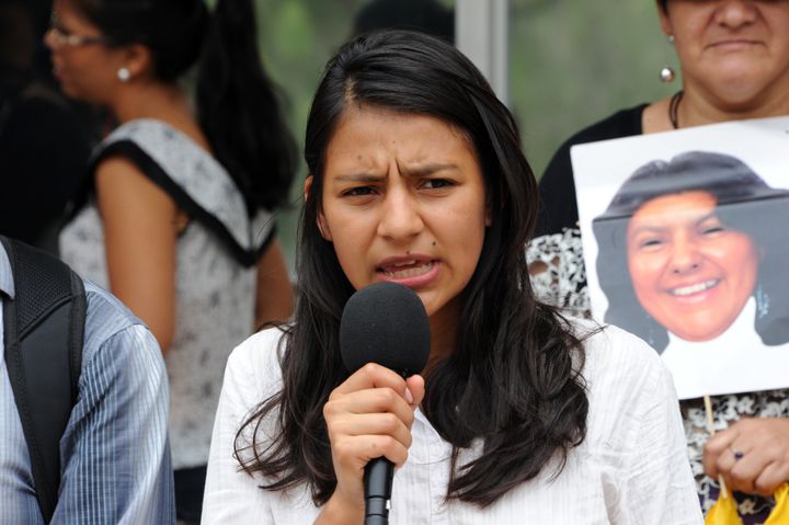Laura Cáceres, daughter of slain land rights activist Berta Cáceres, answers questions during a press conference in Tegucigalpa, Honduras, on April 27, 2016. She and her family are calling on the U.S. to halt all military aid to her country.