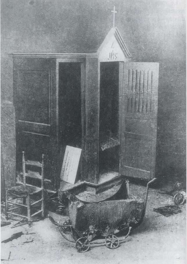 <i>A bullet-riddled baby carriage at the base of the confessional</i>