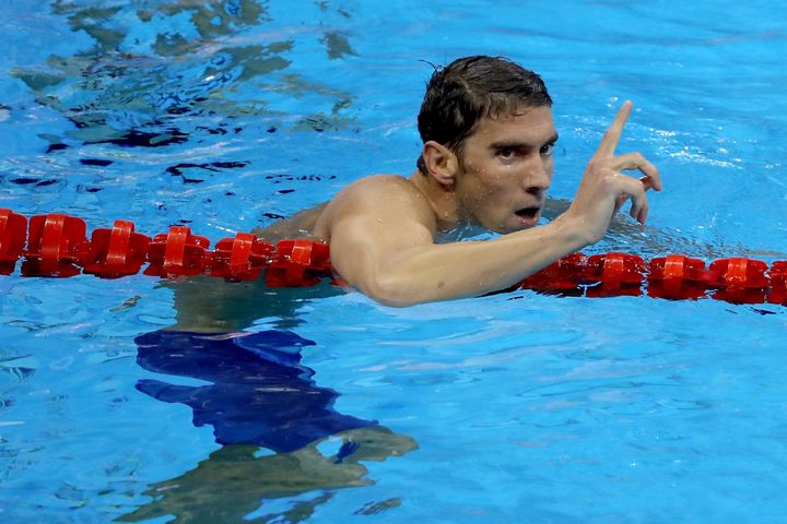 Phelps celebrates after winning the 200m individual medley in Rio.