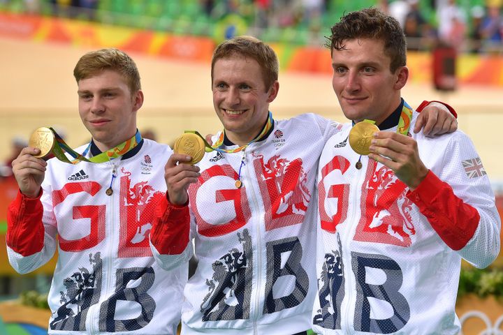 Philip Hindes, Jason Kenny and Callum Skinner with their gold medals