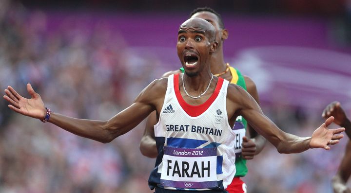 Mo Farah reacts to his gold medal win at London 2012