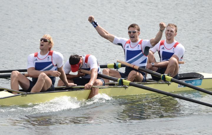 (L-R) Alex Gregory, Pete Reed, Tom James and Andrew Triggs Hodge react to their 2012 gold medal win