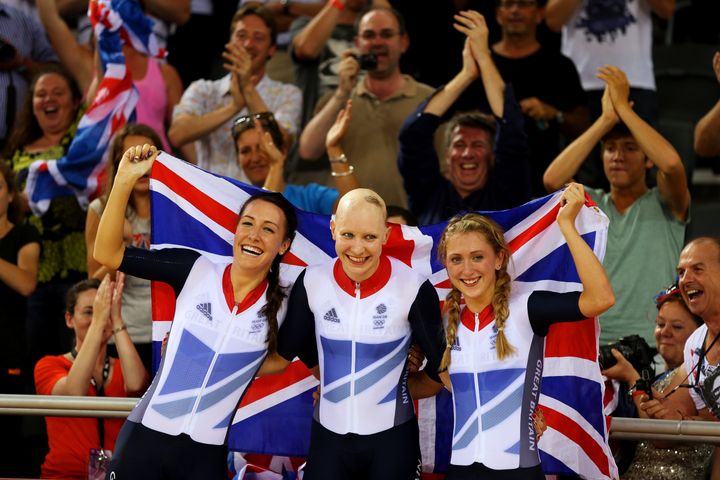(L-R) Dani King, Joanna Rowsell, and Laura Trott won gold in the women's team pursuit
