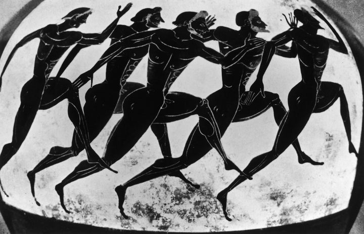 Olympic runners depicted on an ancient Greek vase given as a prize in the Panathenaea, c525 BC