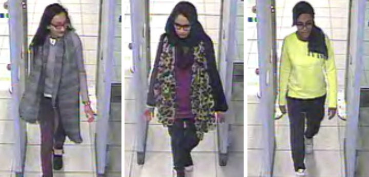 Left to right: Kadiza Sultana,16, Shamima Begum,15 and 15-year-old Amira Abase going through security at Gatwick airport