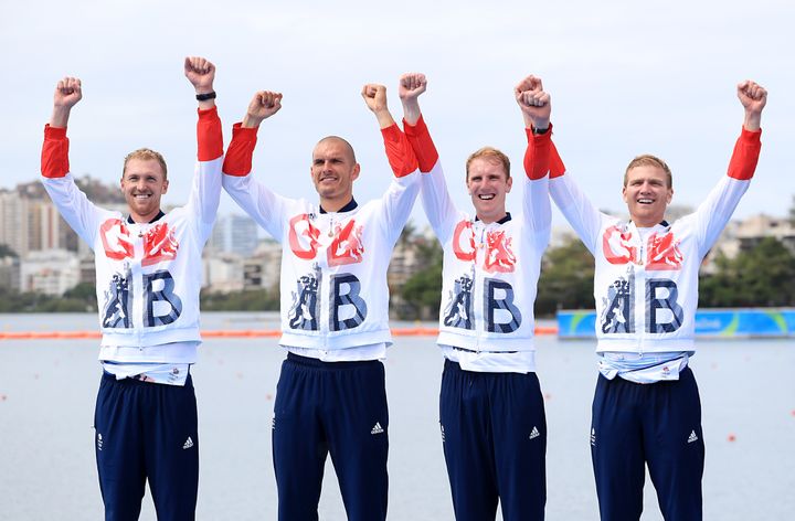 <strong>(left to right) Team GB's Alex Gregory, Mohamed Sbihi, George Nash and Constantine Louloudis celebrating winning the gold medal in the Men's Four</strong>
