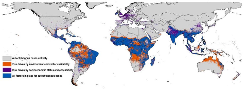 This map estimates the risk of local Zika virus spread around the world.