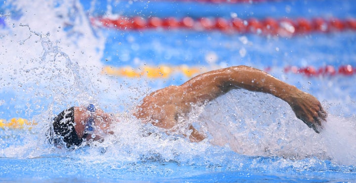 Fabien Gilot of France competes in the heats of the men's 4x100m freestyle relay event at the Olympic Aquatic Stadium during the 2016 Rio Summer Olympic Games in Rio de Janeiro, Brazil.