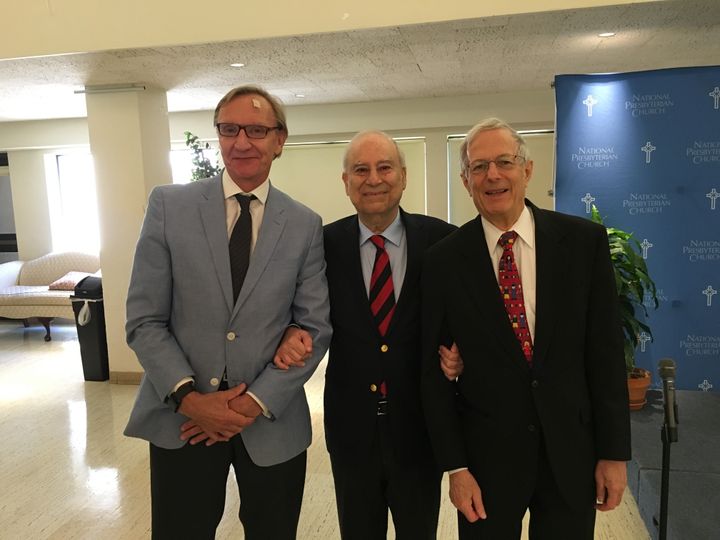 Ahmed gathers with Church Elder Amb. David Mack (right) and leading Evangelical minister Reverend Richard Cizik (left) following his address to the National Presbyterian Church. 
