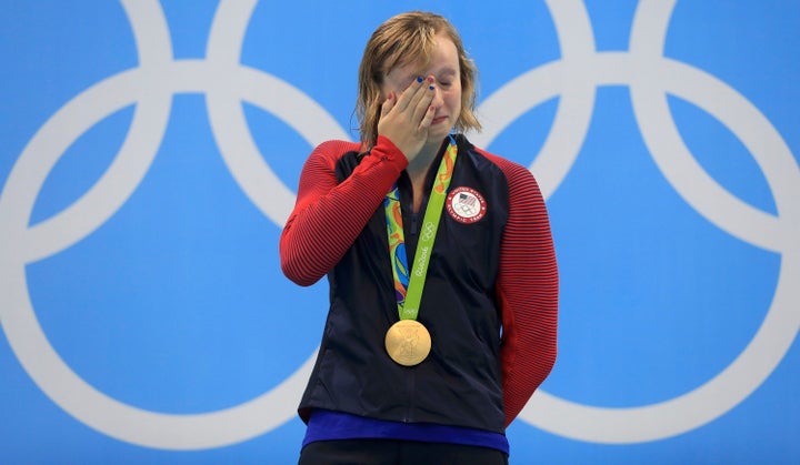 Gold medallist Katie Ledecky reacts after winning gold.