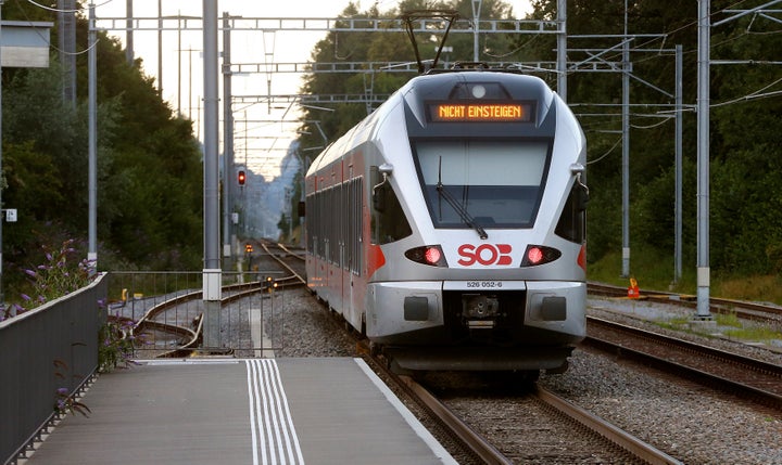 A display reading "do not enter" is seen after six people were wounded in an attack on a Swiss train on Saturday.