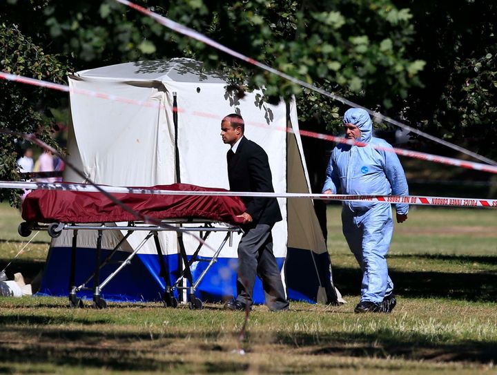 <strong>A body is removed from a police tent in Hyde Park, London, after a body was discovered.</strong>