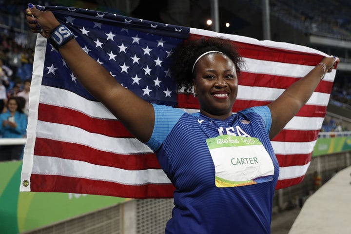 Michelle Carter celebrates winning the Women's Shot Put Final during the athletics event at the Rio 2016 Olympic Games at the Olympic Stadium in Rio de Janeiro.