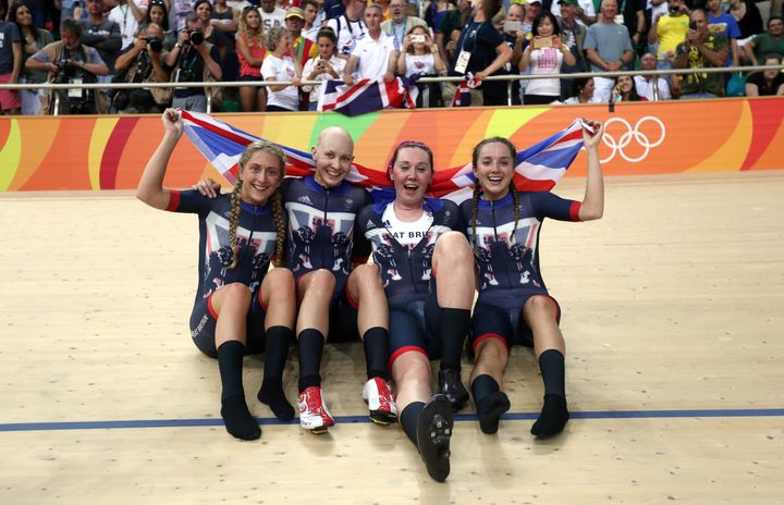 Laura Trott, Joanna Rowsell Shand, Katie Archibald, Elinor Barker following their gold medal in the Women's Team Pursuit