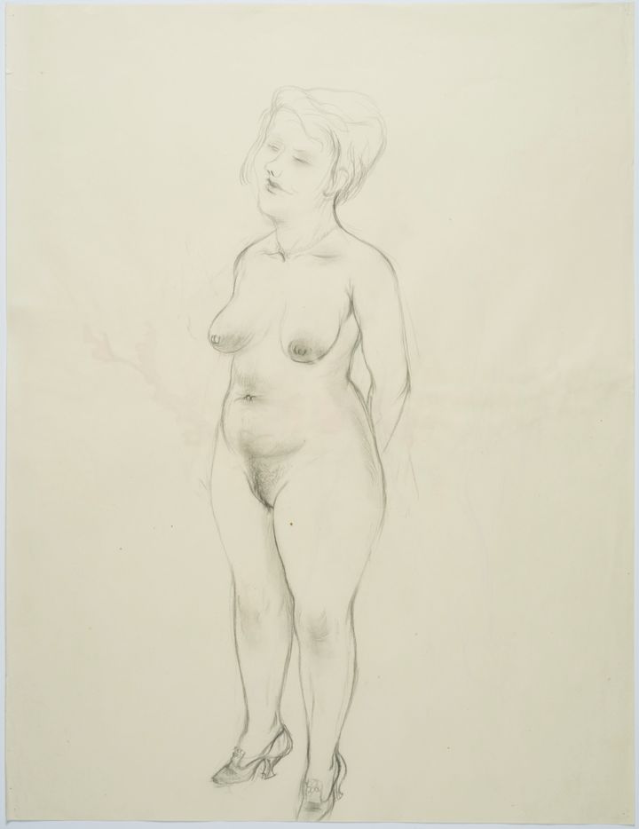 Standing female Nude © Estate of George GroszCourtesy Akim Monet Side by Side Gallery, BerlinGeorge GROSZ (1893 - 1959)Stehender weiblicher AktStanding female NudePencil, carpenter’s pen and charcoal on paper60 x 46,1 cm1927Stamped on the reverse “GEORGE GROSZ NACHLASS” and numbered 6-37-4