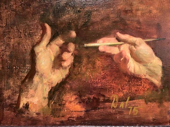 David Leffel, My Hands, 1975, oil on panel, 15 x 20 inches