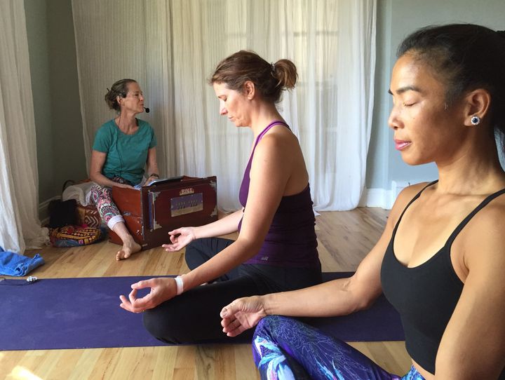 Meditation at Hamptons Yoga with soft chants by instructor Abby Vakay.