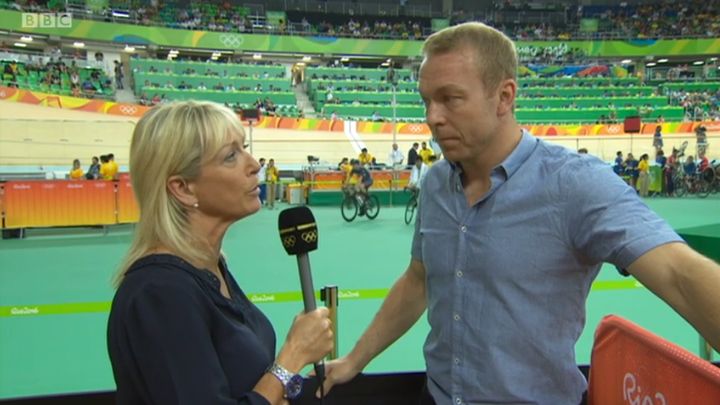 Cavendish can be seen in his navy blue outfit riding just between Hoy and BBC presenter Jill Douglas