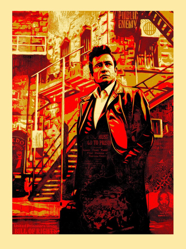 "Johnny Cash is one of my favorite musicians and also one of my favorite storytellers and social commentators. Cash felt compassion for the less fortunate, and I think his religious beliefs shaped his view that no human being is beyond redemption. He played live shows at San Quentin Prison and at Folsom Prison (where Jim Marshall shot the photograph that inspired my art piece) to do something kind for the inmates but also to draw attention to mass incarceration. In this image, I wanted to capture Cash's iconic nature as well as the harsh exterior of Folsom Prison; Cash was fortunate enough to be standing outside rather than inside of this prison wall. Prisoners and prison rights are often looked over, and I felt it was important to incorporate news clippings and graphics relating to their difficulties and raise awareness. The United States has the highest incarceration rate on the planet, with almost 25 percent of the world's total prison population." --Shepard Fairey, April 2016 ("Mass Incarceration," American Civics Series, Serigraph, 40 x 30 inches, Edition of 100, 2016.)