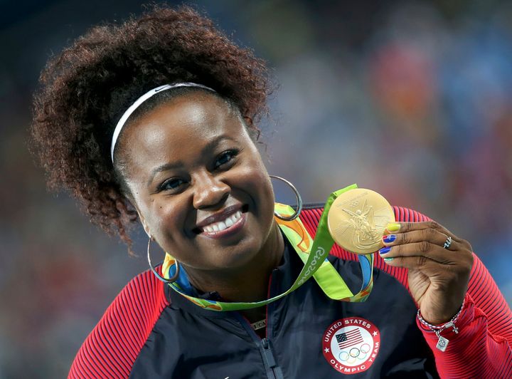 Michelle Carter of Team USA poses with the gold medal.