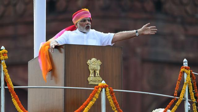 Prime Minister Narendra Modi gestures as he delivers his Independence Day speech from The Red Fort in New Delhi.