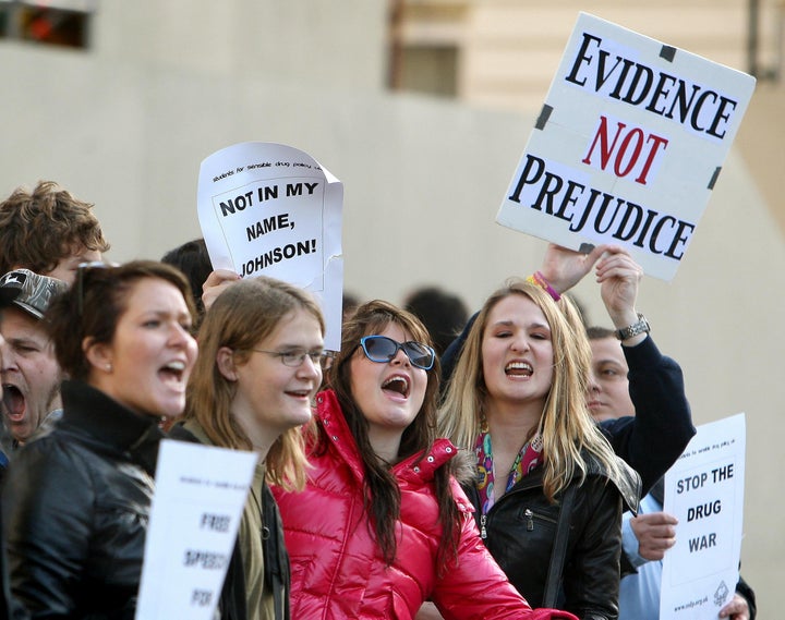 Protestors call for the reinstatement of former government drugs advisor Professor David Nutt outside Downing Street after his dismissal in 2009