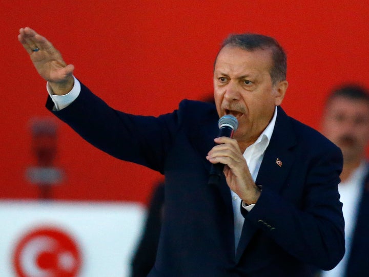 Turkish President Tayyip Erdogan speaks during Democracy and Martyrs Rally, organized by him and supported by ruling AK Party