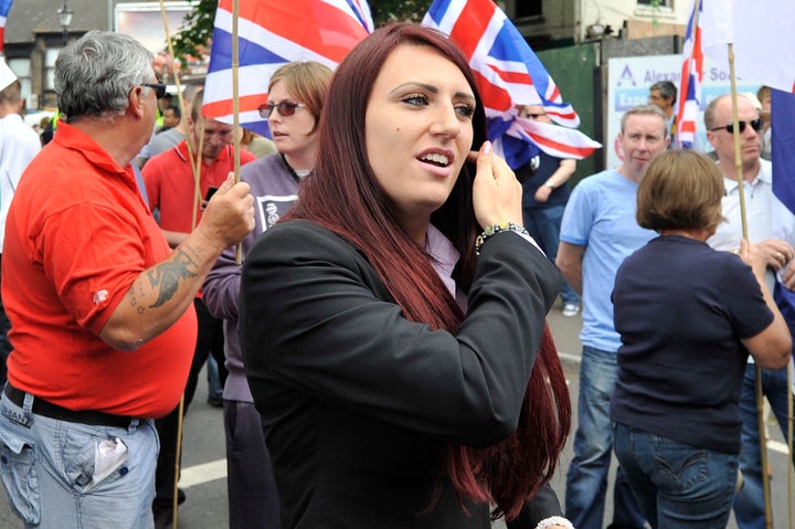 <strong>Deputy leader: Jayda Fransen joins British First group protest march at Bury Park on June 27, 2015 in Luton.</strong>