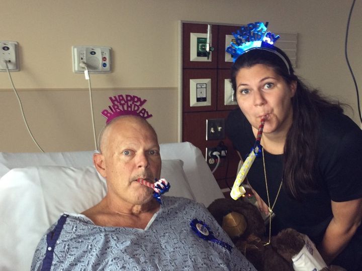 Alexandra and her father celebrating his birthday in the hospital. 