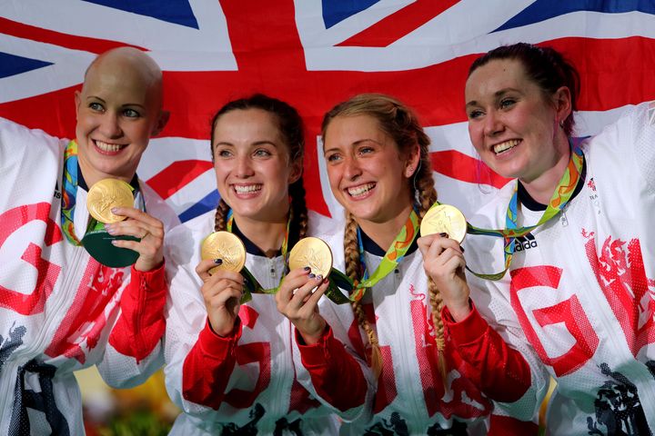 <strong>Katie Archibald, right, celebrates with Joanna Rowsell Shand, Elinor Barker and Laura Trott</strong>