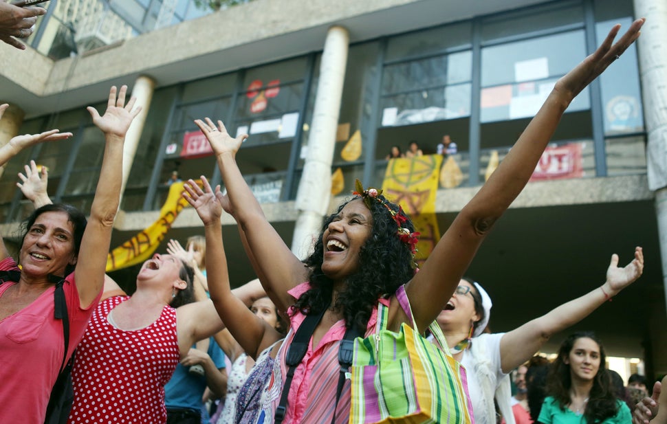 Artists dance during a protest against Temer in front of Capanema in Rio de Janeiro on May 22.