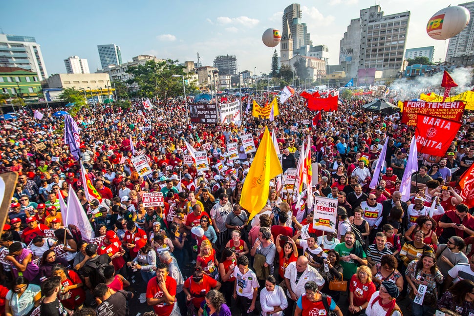 Supporters of Rousseff hold a protest against Temer in Sao Paulo on July 31.