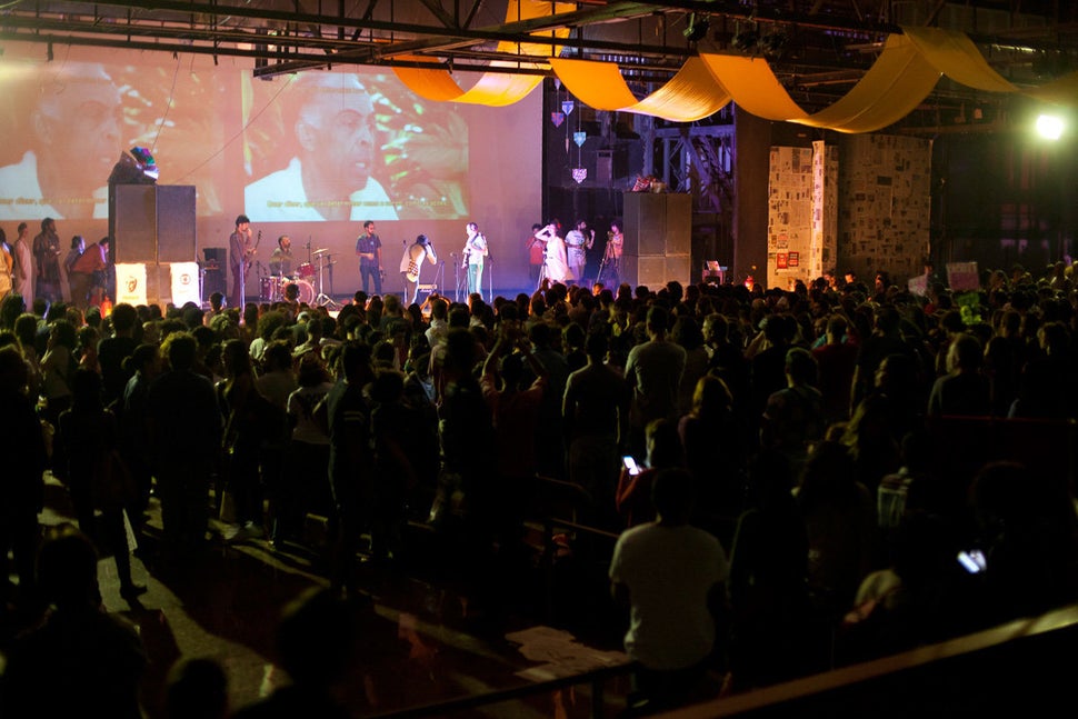 A crowd watches performances at the Canec&atilde;o opening ceremony in Rio de Janeiro on Aug. 4.